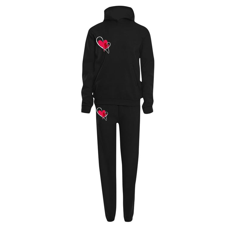 RQYYD Women's Valentine's Day Sweatsuits Casual Fall Two Piece Outfit Long  Sleeve Pullover Tops And Long Pants Loose Heart Graphic Tracksuit Black M 