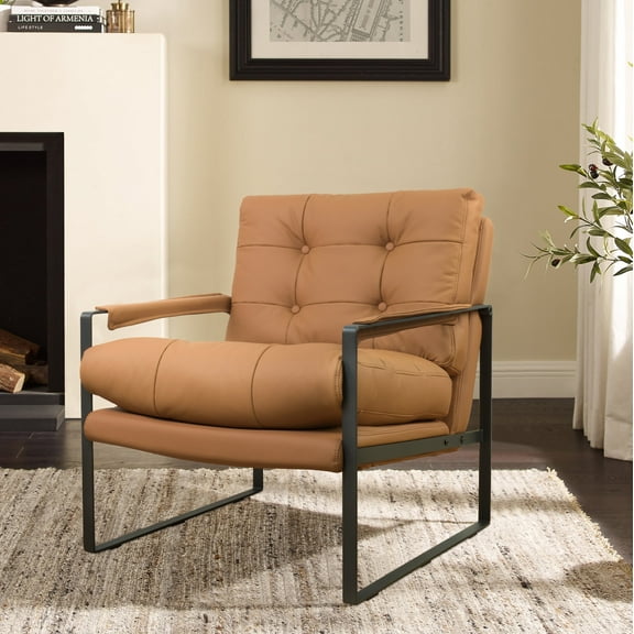 Art Leon Mid Century Accent Chairs with Tufted Details - Leather & Metal Lounge Chair for Living Room, Khaki