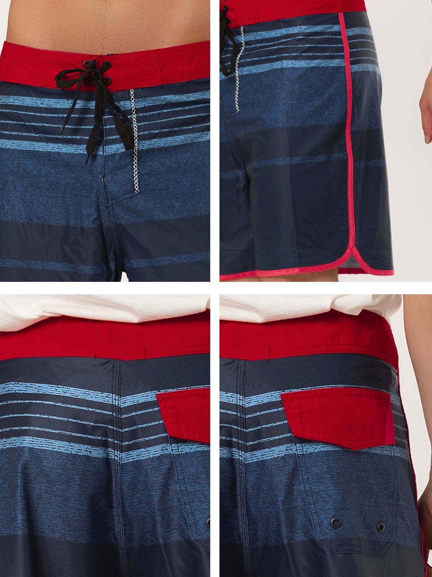 Unique Bargains Men's Summer Printed Drawstring Color Block Swim Beach Shorts 34 Red Navy