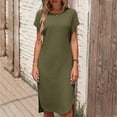 thumbnail image 2 of CIENVNSTG Women's Short Sleeve Round Neck Mini Dress Solid Color Fashionable Waffle Gown Elegant Midi Skirt Dresses Army Green 2XL, 2 of 6
