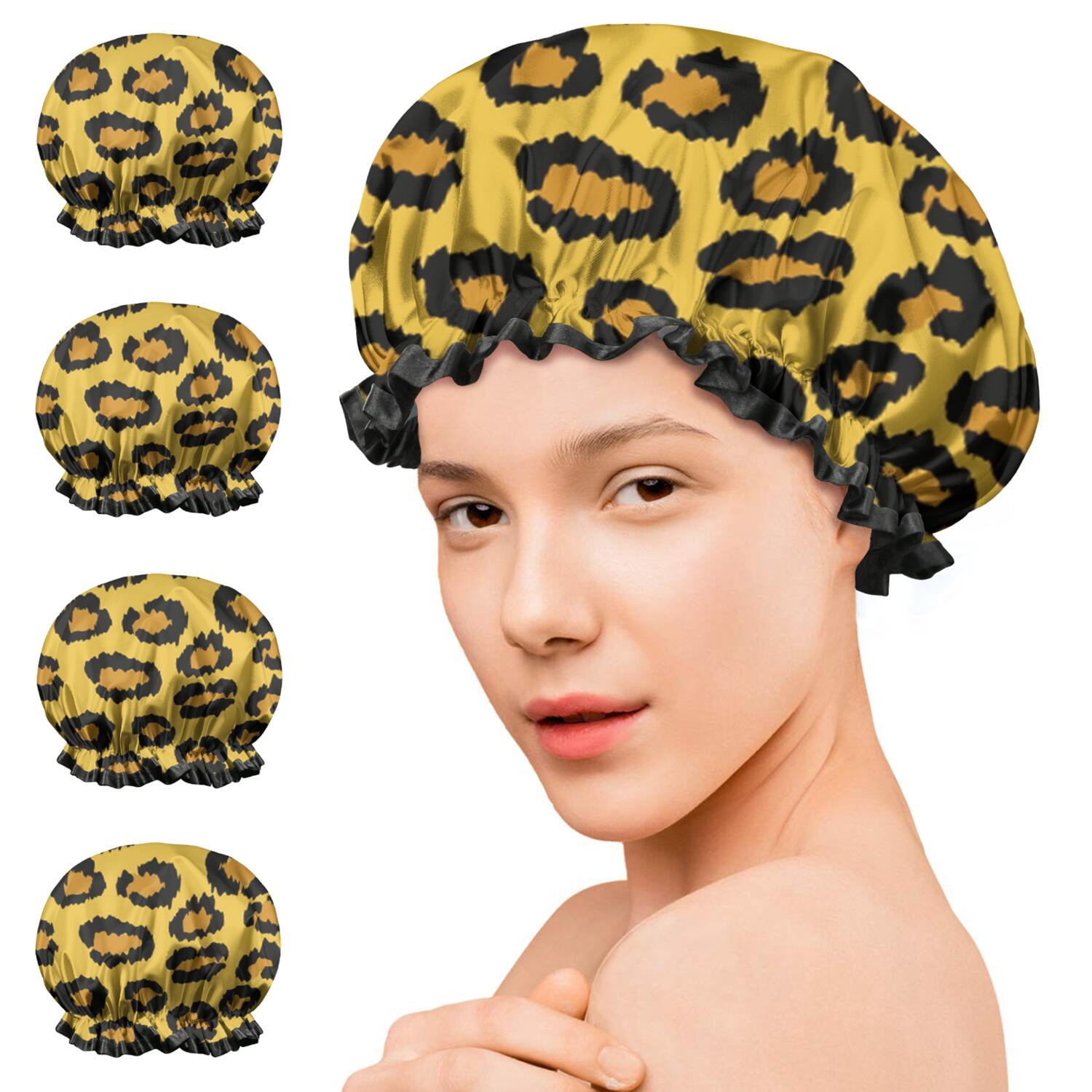 Shower Caps,Yellow and Black Of Leopard Print Waterproof Shower Cap for Women 4 Pieces,Double Reusable Hair Cover for Shower PEVA Elastic Stretch Hem