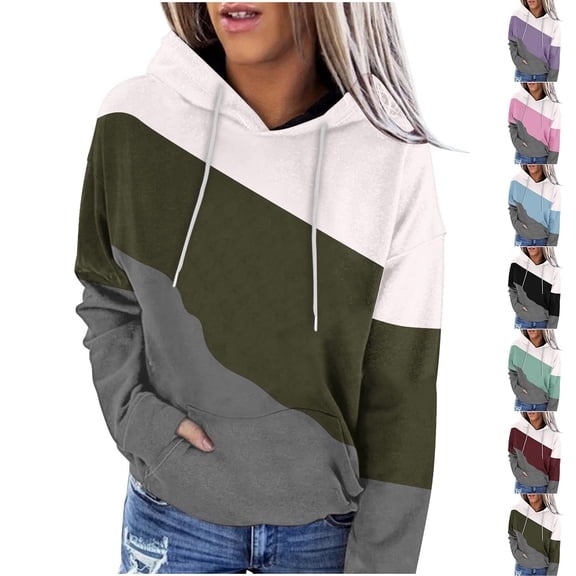 Jinhomg Women's Casual Sweatshirts Trendy Color Block Hooded Pullover Fall Winter Loose Cozy Long Sleeve Sweatshirt with Kangaroo Pocket Limited Time Deal Green L
