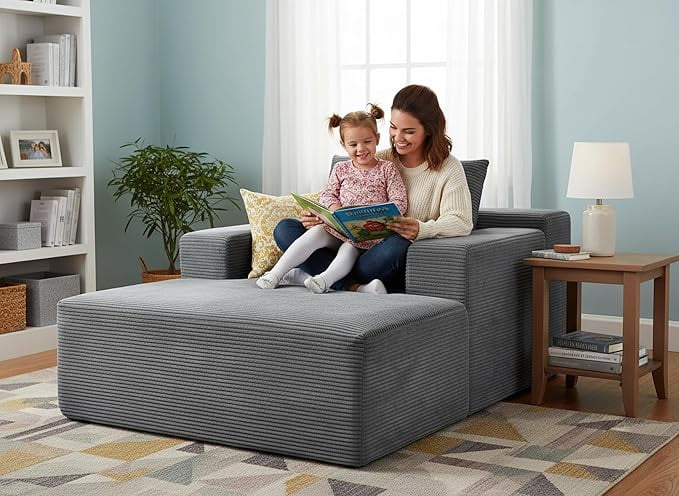 Chaise Lounge Chair Indoor – Oversized Corduroy Couch with Wide Armrest & Throw Pillows, Cozy Boneless Sleeper Sofa Bed Armchair