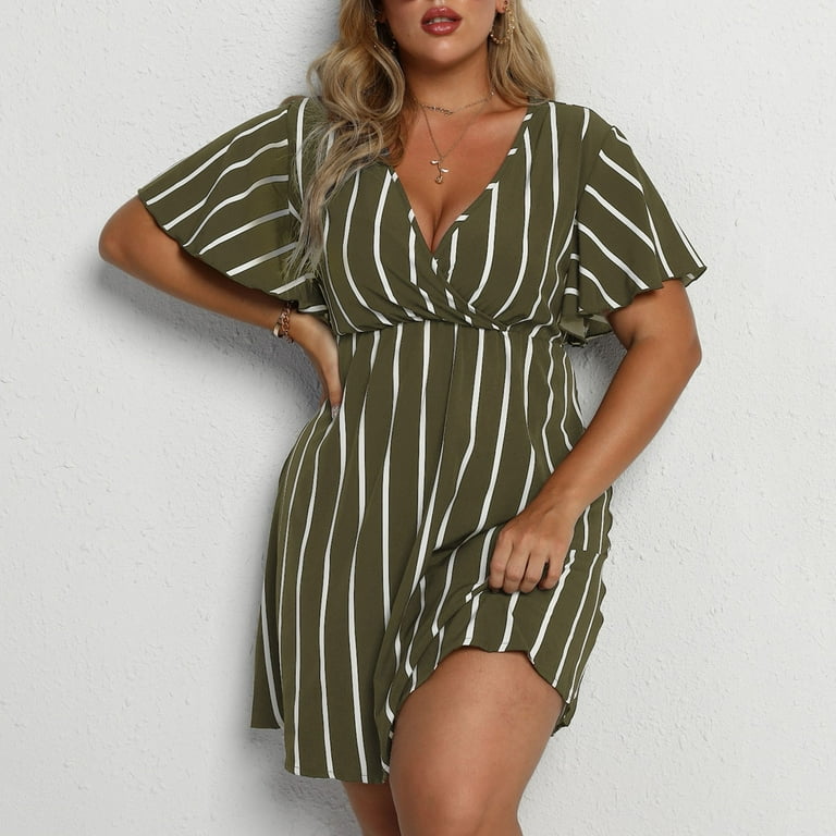 Sexy Plus Size Dresses for Women Stripes Wrap V Neck Large Bust Summer  Short Sleeve Midi Dress Short - Walmart.com
