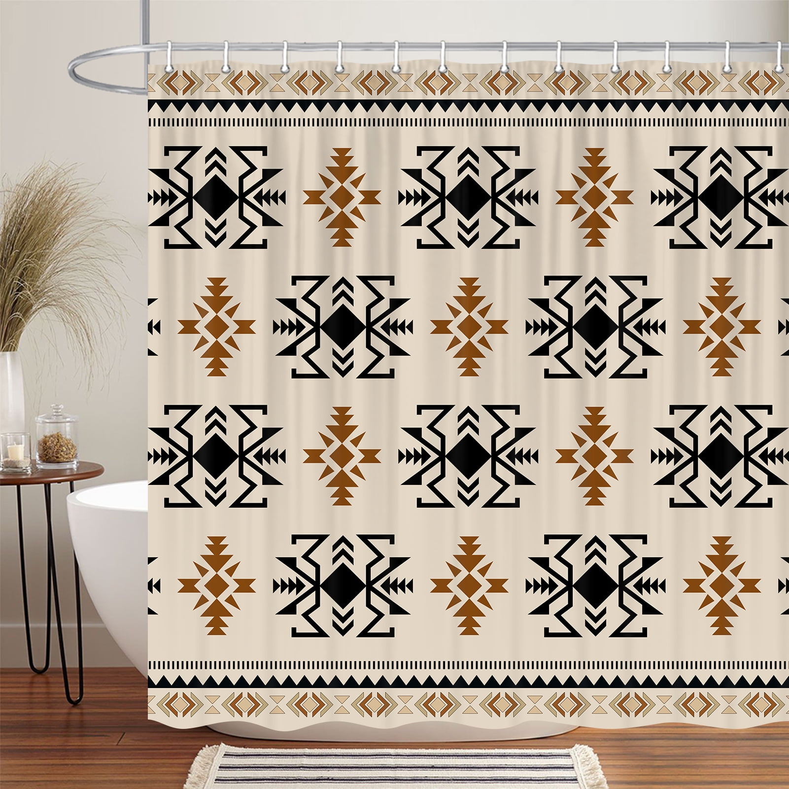 Western Aztec Shower Curtain, Boho Southwest Rustic Fabric Shower Curtains Set for Bathroom Decorative, Vintage Tan Country Southwestern Geometric Restroom Decor Accessories with Hooks 72X72 Inch