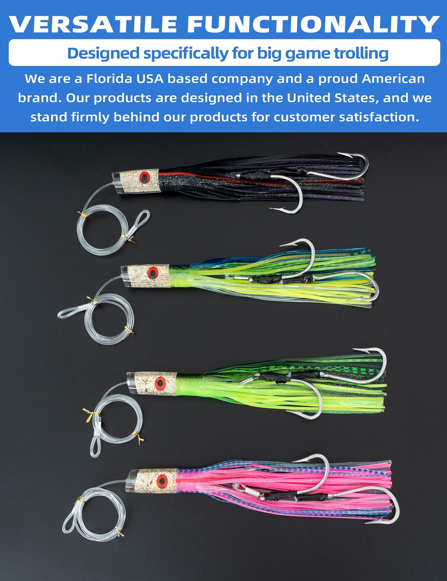BLUEWING 12in Big Game Trolling Lure with Double Rigged Hookset and 300lb High Strength Fishing Line Saltwater Fishing Lures for Wahoo Tuna Marlin Mahi Mahi Green/Black