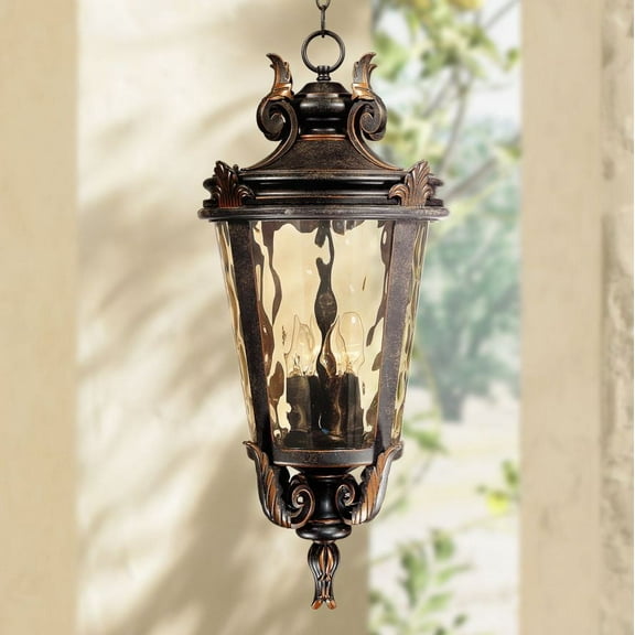 John Timberland Casa Marseille Vintage Rustic Outdoor Hanging Light Veranda Bronze Scroll 26 1/4" Champagne Water Glass for Post Exterior Barn Deck