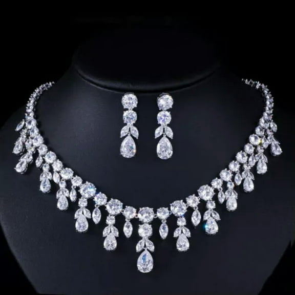CZ Big Dangle Drop Bridal Wedding White Necklace Earrings Jewelry Set