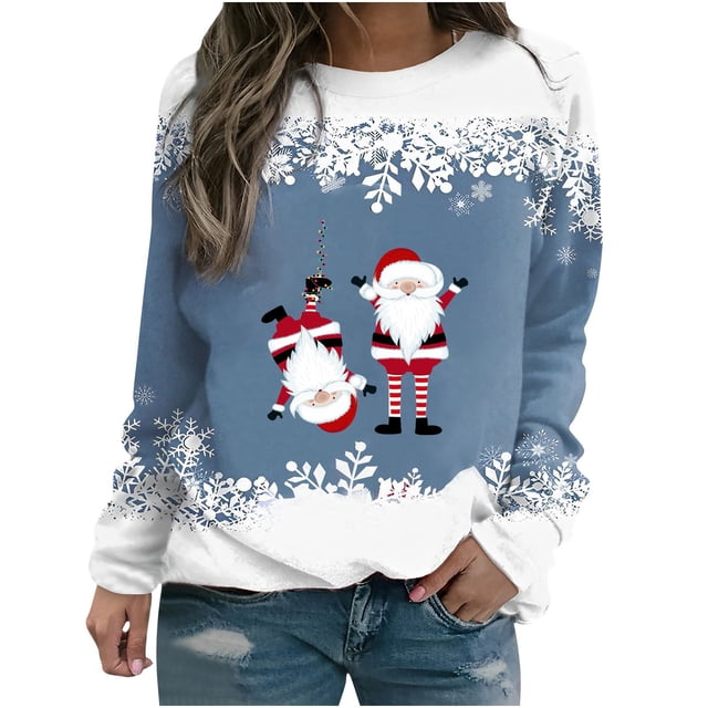 EGNMCR Chandail en Molleton de Noël pour Femmes T-shirt Imprimé d'Hiver Manches Longues Blouse Col Rond Hauts Décontractés