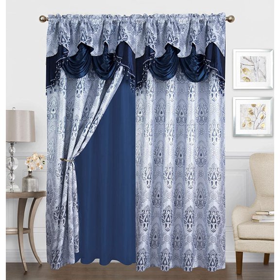 Sapphire Home Shiny Jacquard Curtain Drape Set 2 Panels 95-Inch Long, Includes Attached Valance, Sheer Backing, 2 Tassels, Damask Medallion Floral Drape for Living Rooms, Avery, 95", Navy