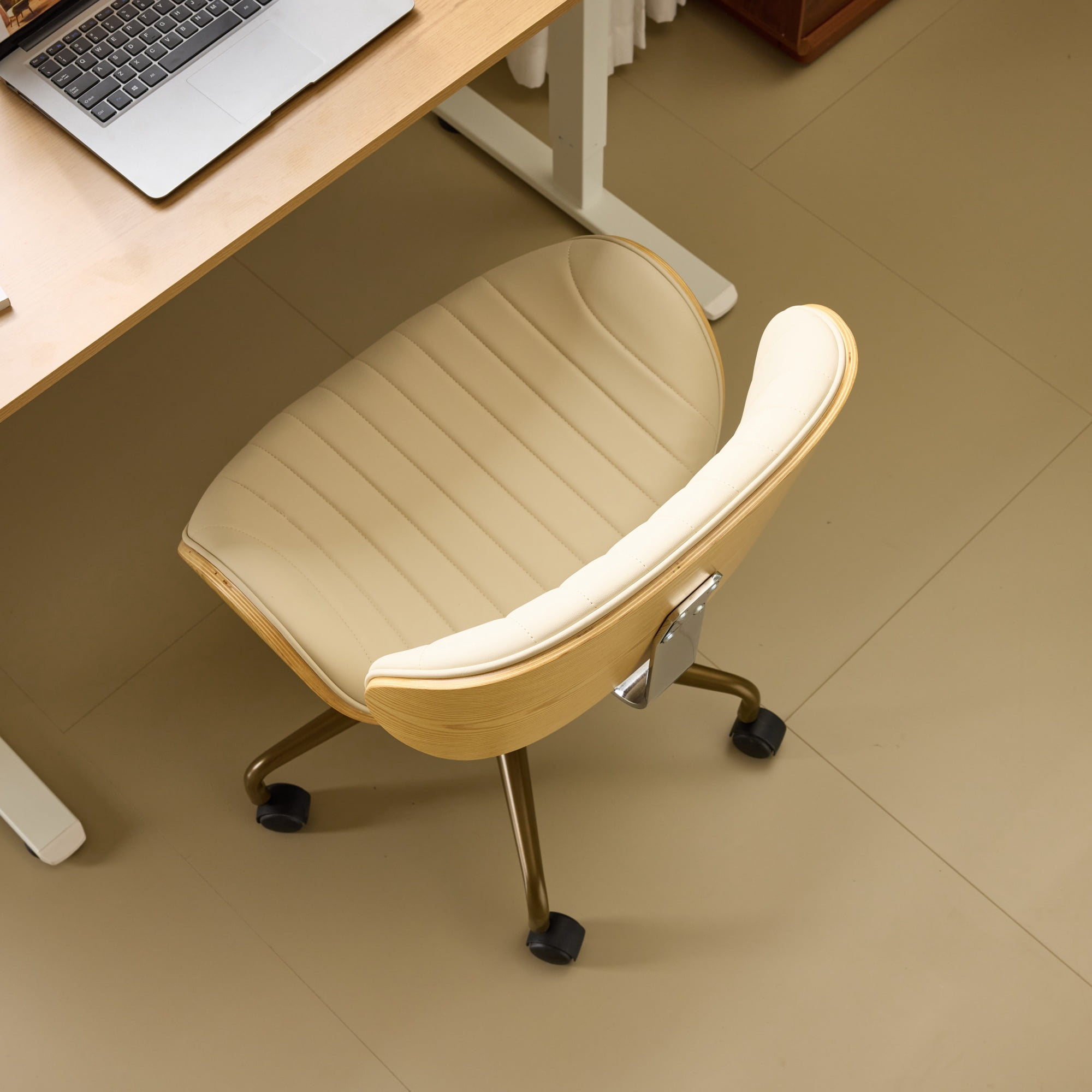 Ktaxon Armless Office Chair, Curved Wood Accent Desk Chair with Swivel Seat, PU Task Chair for Study, Makeup Vanity Beige
