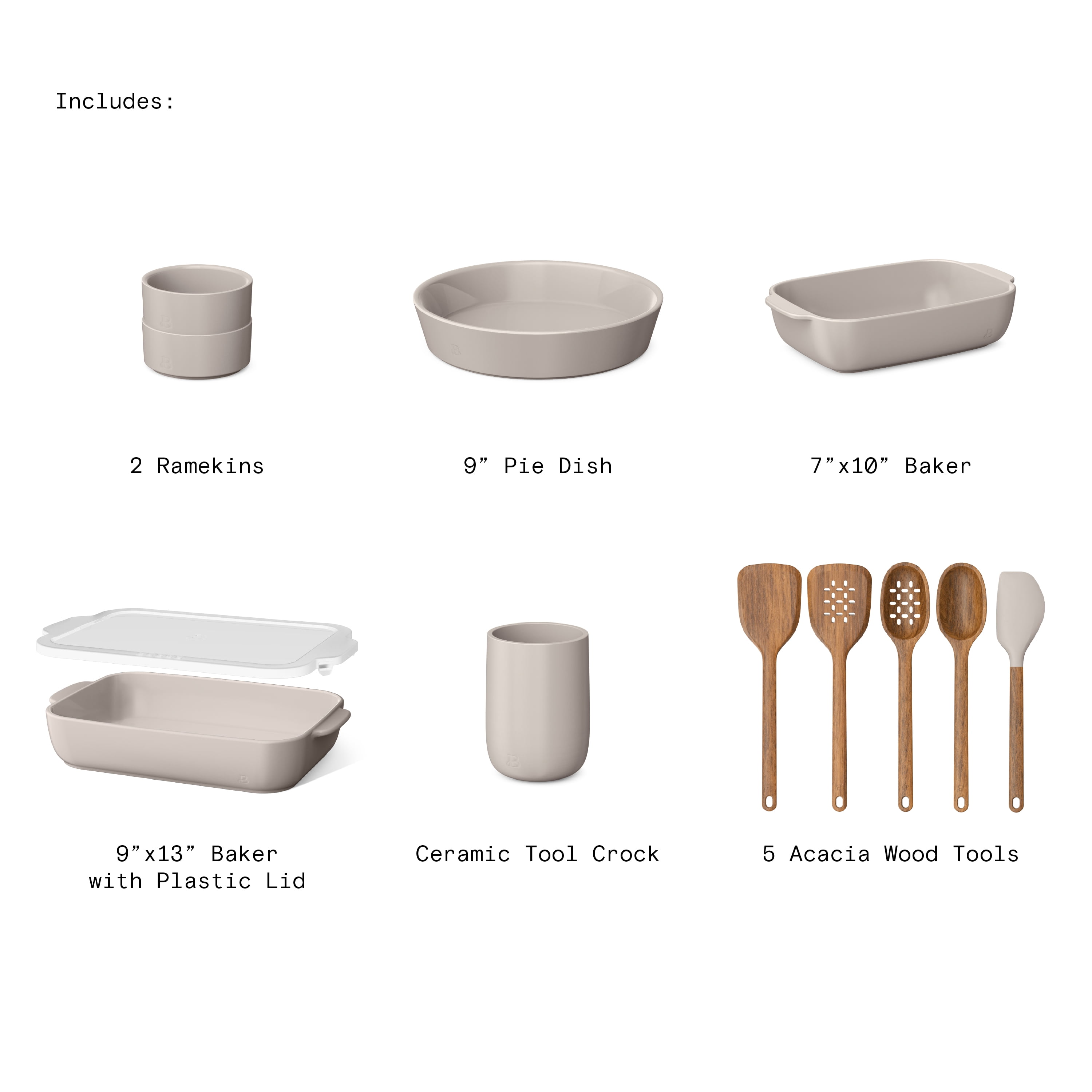 Beautiful 12-Piece Stoneware Bakeware & Kitchen Tools Set, Porcini Taupe by Drew Barrymore