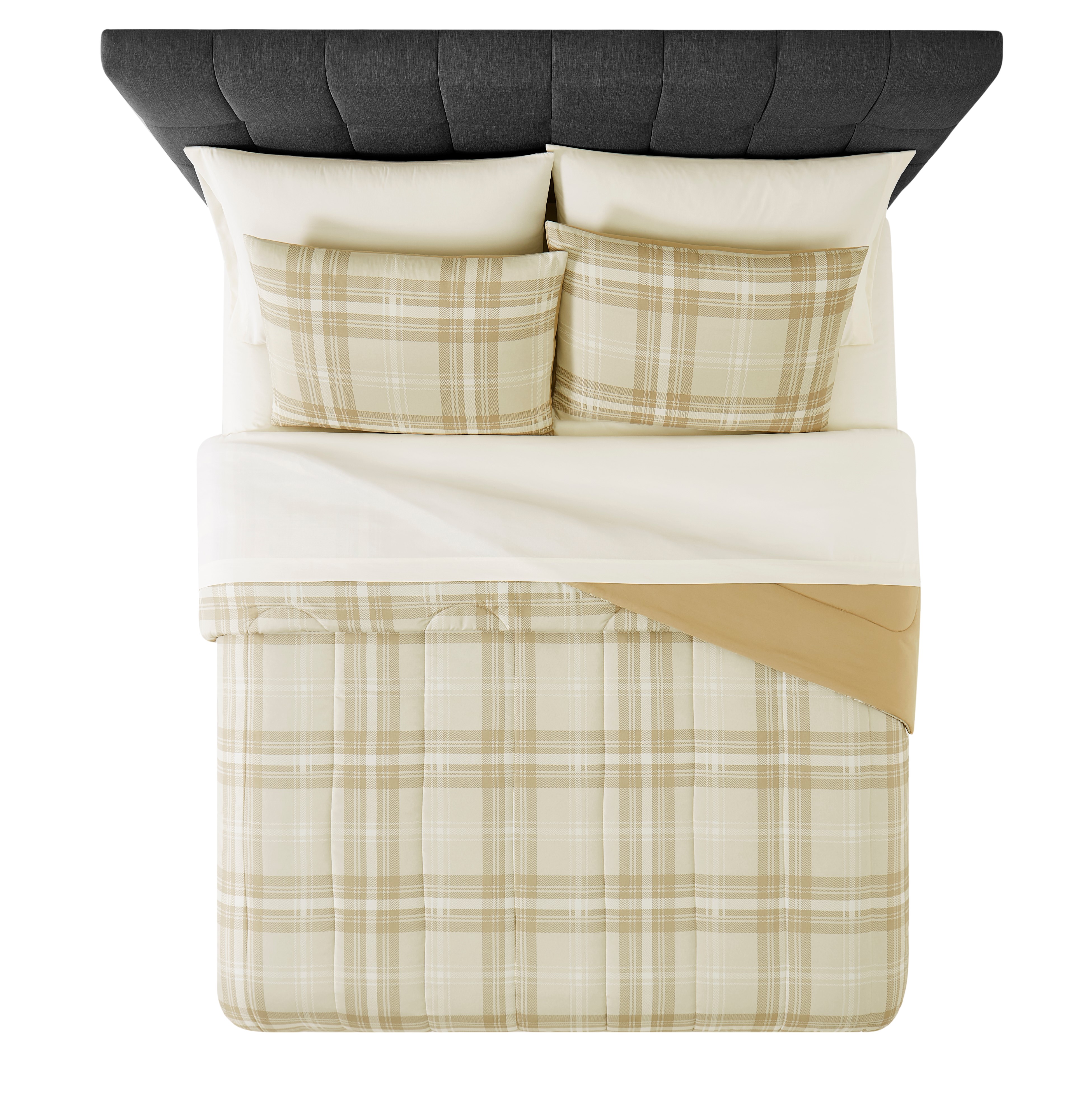 Mainstays 7 Piece Reversible Bed in a Bag Comforter Set with Sheets, Beige Plaid, King