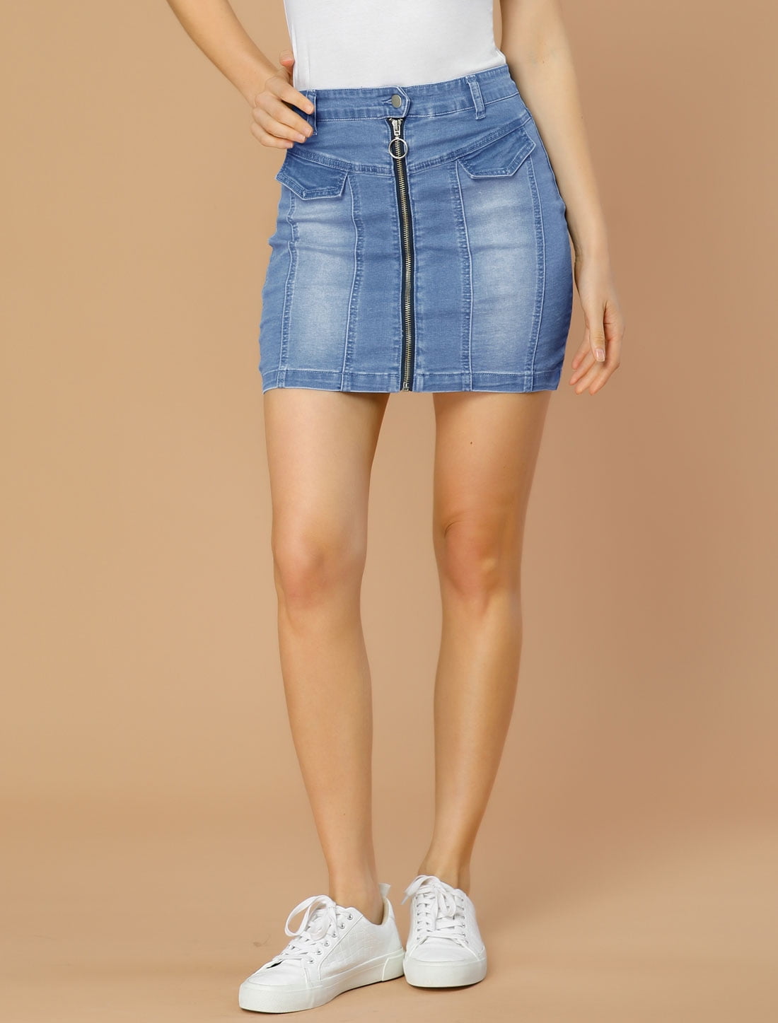 DARING DIVA Women's Denim Stretchy Zipper Front Bodycon Jean Skirt M Blue