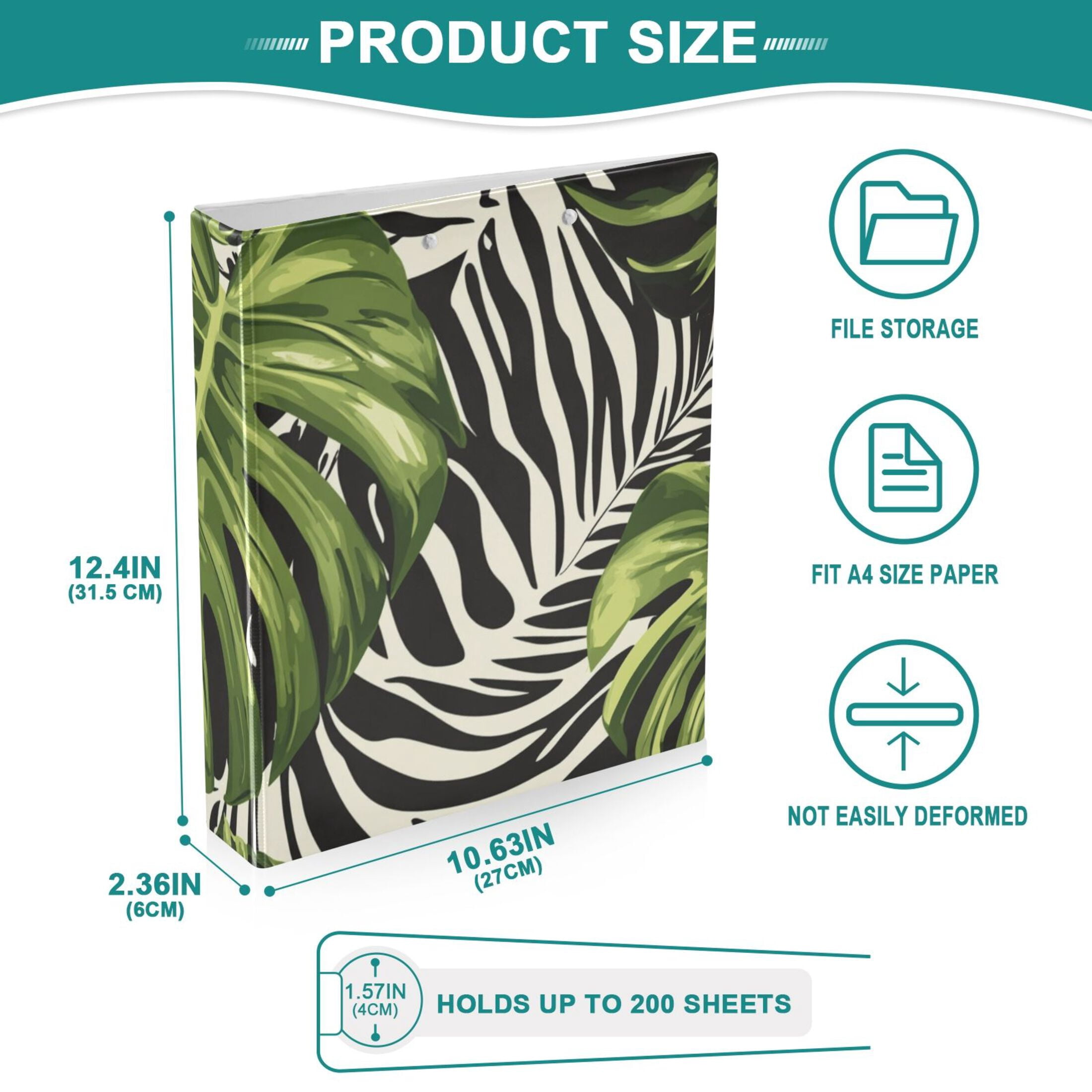 Zebra Stripes Leaves 3 Ring Binders 1.5 inch Hardcover File Folders with Interior Pockets A4 Size Organizer for School Office Hospital