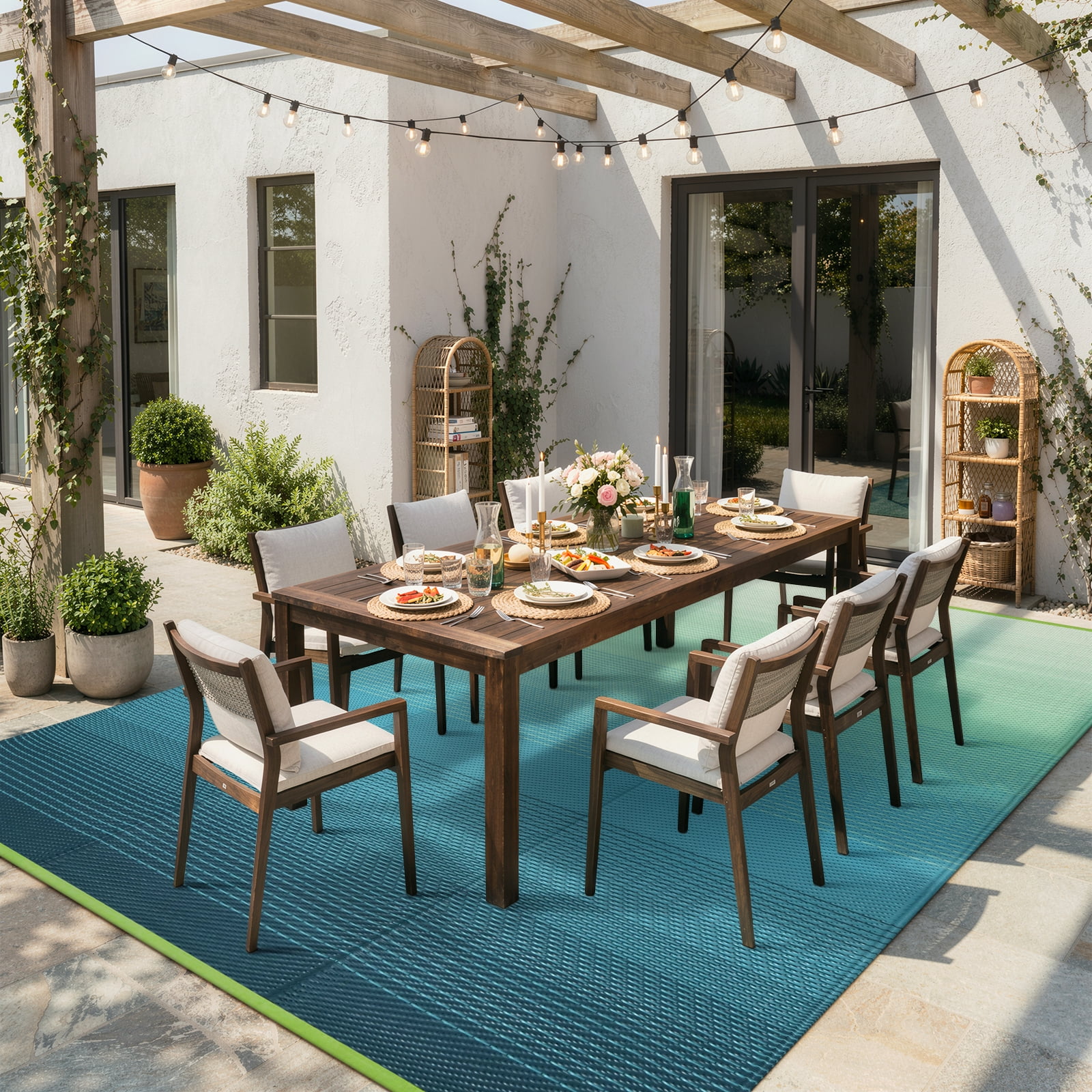 SUNDEREY Outdoor Rug 9'x12', Waterproof Reversible Plastic Straw Mat for Patio, RV & Camping - Lightweight Carpet for Deck, Balcony & Backyard, Teal