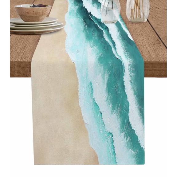 Boanket Teal Waves Coastal Table Runner - 60 Inch Long, Kitchen Dining Table Runner Dresser Scarves, Summer Beach Nautical Ocean Sea Farmhouse Decor for Coffee Tables Wedding Party Banquet