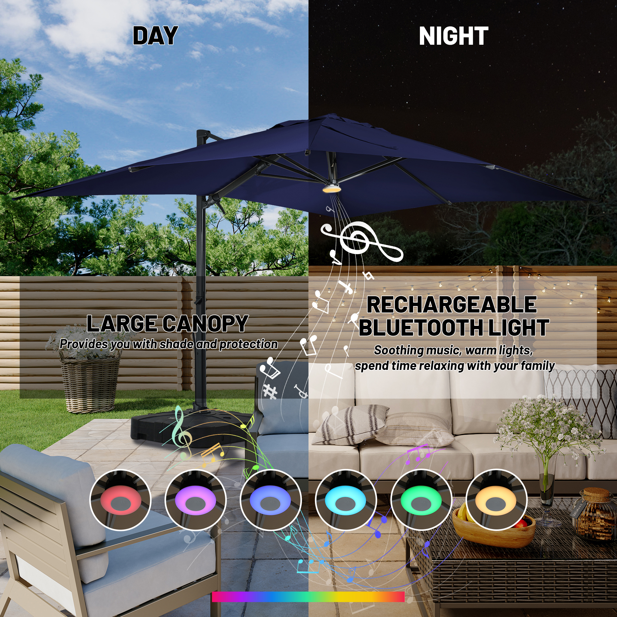 bluetooth solar patio umbrella 9ft With Speaker Easy to crank open mechanism Cantilever Umbrella with Bluetooth Speaker