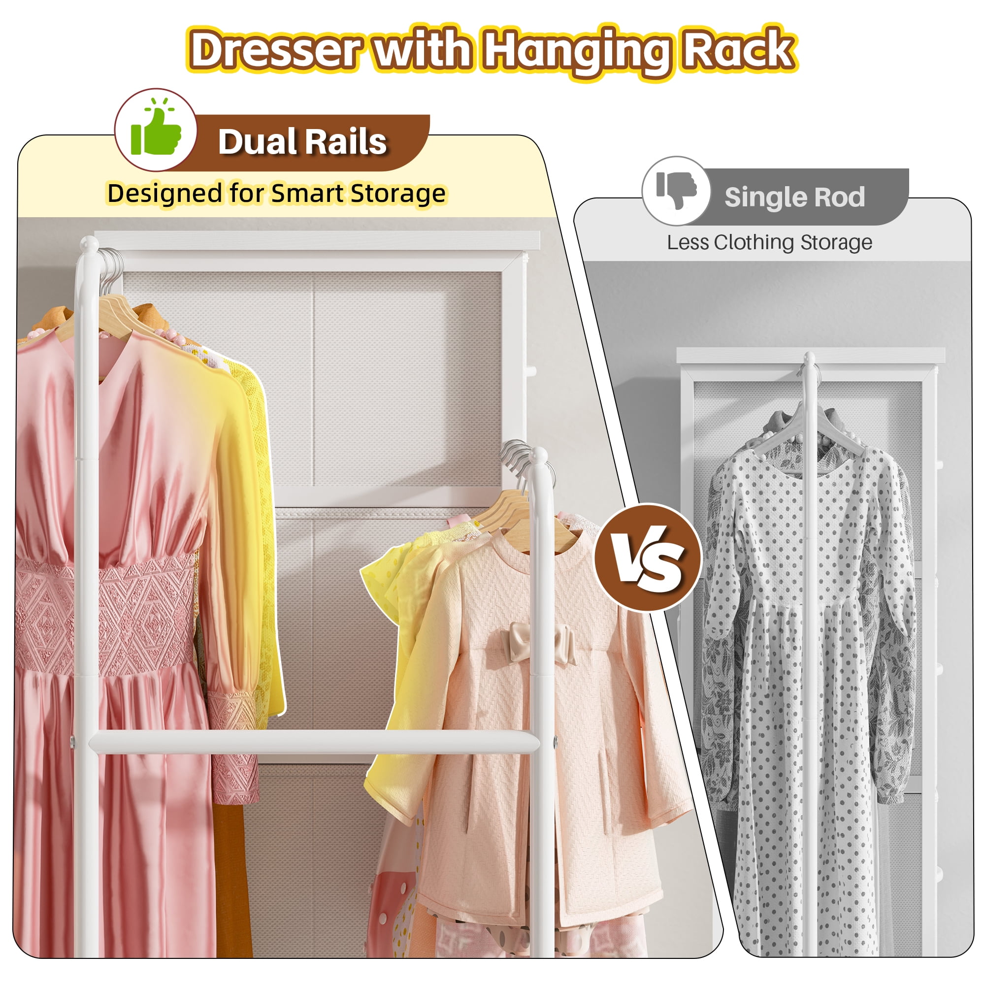 EnHomee Fabric Dresser with 2 Hanging Racks Small Dresser with 4 Drawers for bedroom Small Closet with Clothes Rack, White
