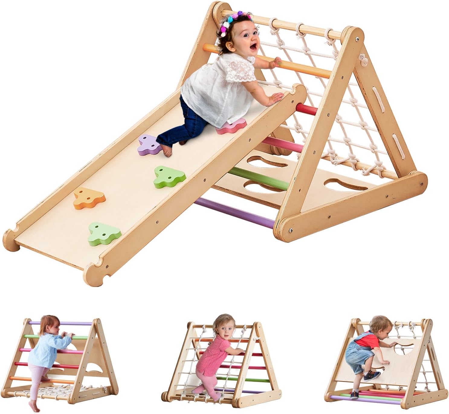 4 in 1 Climbing Toy for Toddlers, Linor 3Sided Wooden Triangle Climber