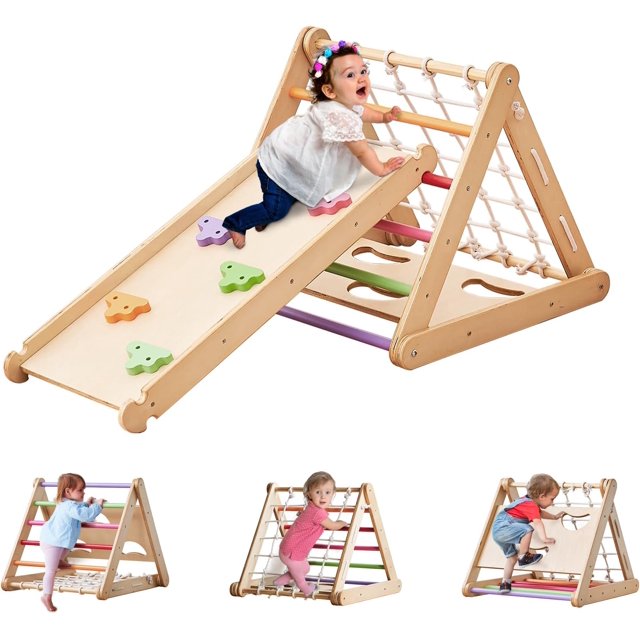 4 in 1 Climbing Toy for Toddlers, Linor 3Sided Wooden Triangle Climber