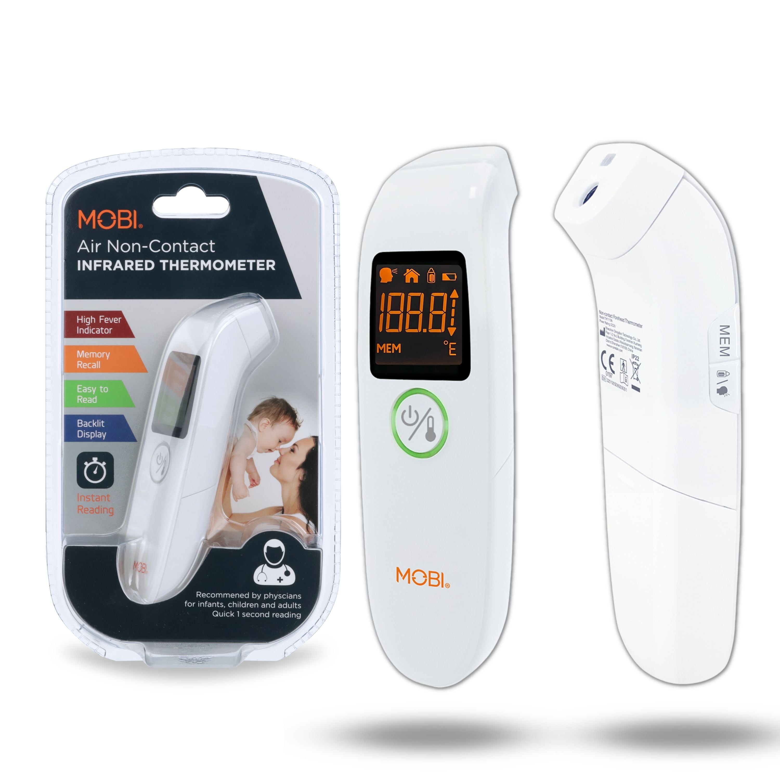 MOBI Air Non-Contact Forehead Thermometer w/ Integrated Distance Sensor, Smart Medication Reminder & Memory Recall, Fever Thermometer, Forehead Thermometer, Digital Baby Thermometer, Body Temperature