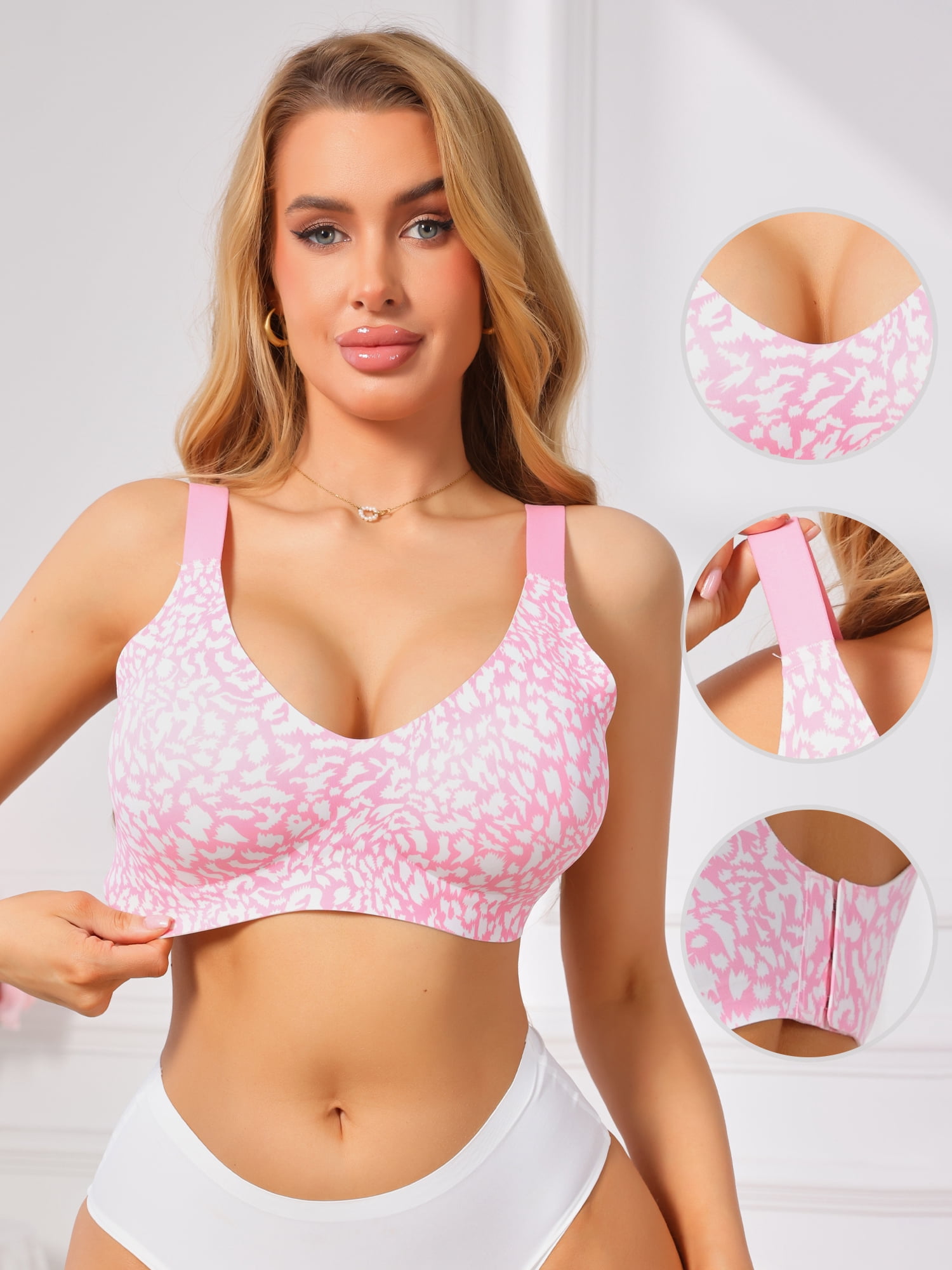 DARING DIVA Women's Leopard Wireless Seamless Fixed Padding Bralette Bra XL Pink