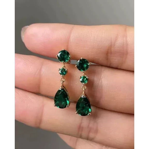 3Ct Pear Cut Real Moissanite Emerald Drop Dangle Earring 14K Yellow Gold Plated