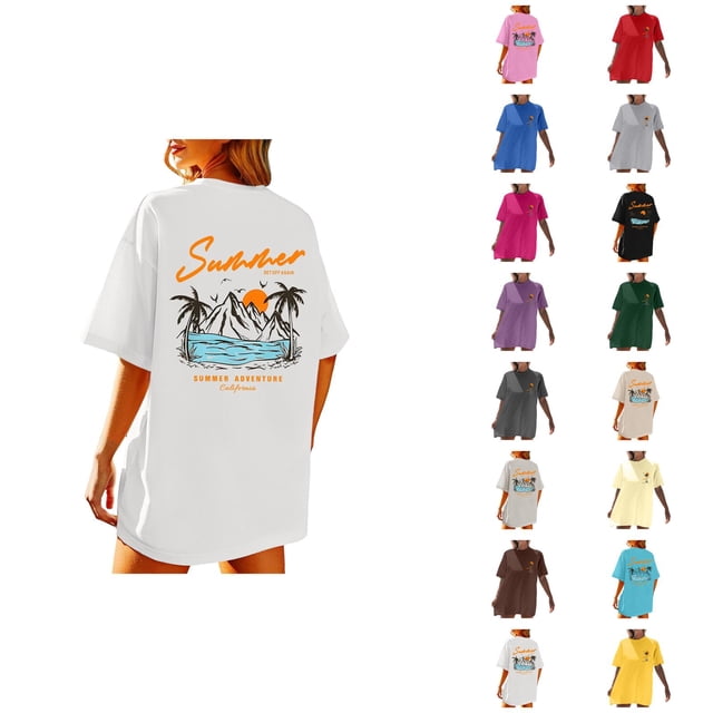 T-shirts d'Été Aventure California pour Femmes, Décontractés, Manches Courtes, Col Rond, Coupe Ample, T-Shirts Graphiques, Plage, Camping, Vacances, Hauts