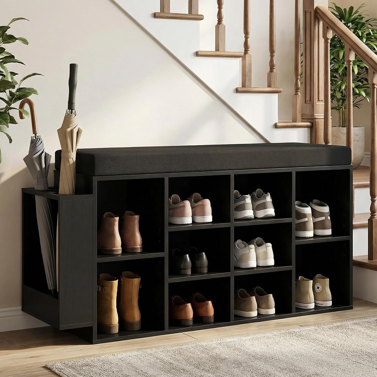 Shoe Storage Bench with Umbrella Holder, 40" Shoe Organizer with Cushioned Seat, 10 Cubbies & Adjustable Shelves, Wooden Industrial Shoe Rack for Entryway, Living Room, Bedroom