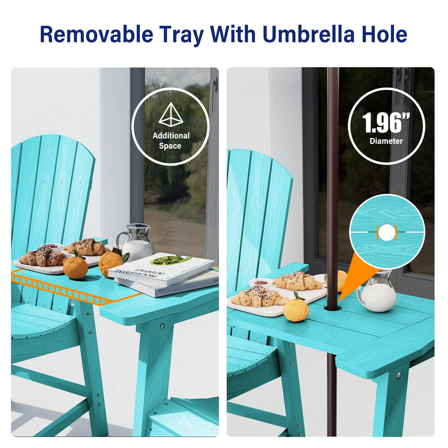 WINSOON Tall Adirondack Chair Set of 2 with Connecting Tray,Outdoor Bar Stools-Baby Blue
