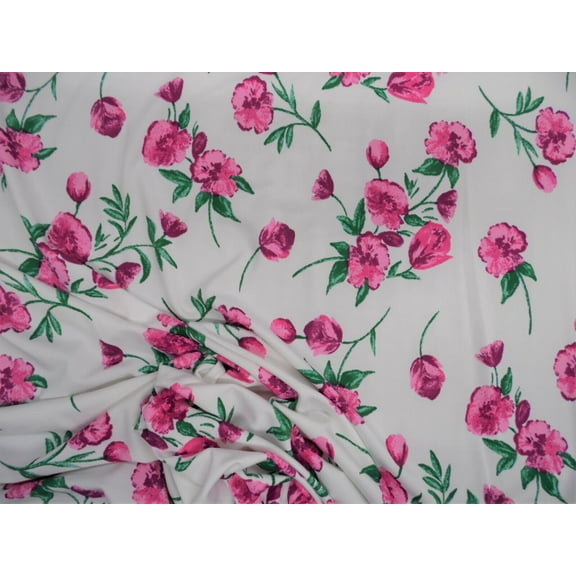 Printed DTY Spandex Stretch Apparel Fabric Pink Green White Rose Floral B407