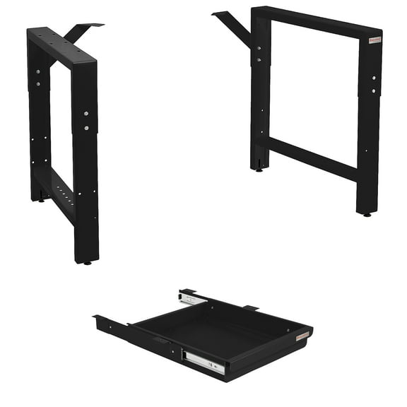Garage Workbench Table Frame 20" Depth and 2" High Drawer Kit - Height Adjustable 29" to 35" - Black