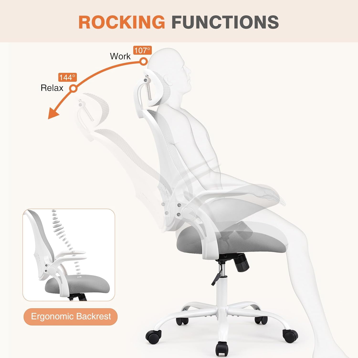 Atilioo Ergonomic Office Chair with Adjustable Headrest and Flip-Up Arms, Rolling Desk Chair for Adults with Lumbar Support, Gray