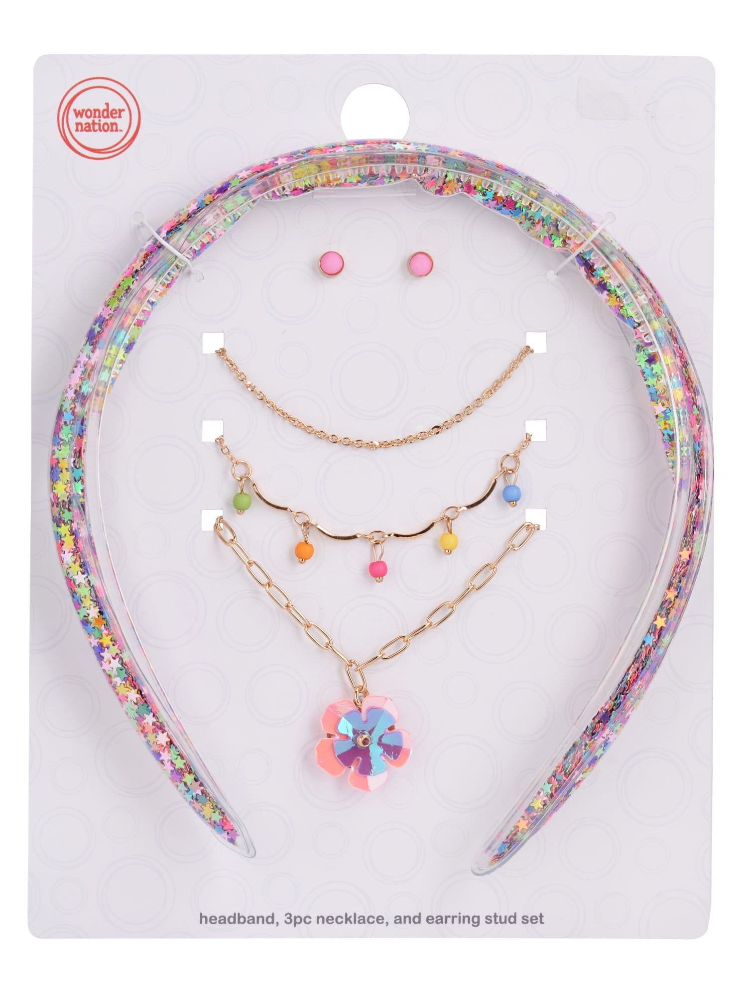 Wonder Nation Female Glitter Heaband 3pc Gold-Tone Flower Multi Necklace & Earring Set