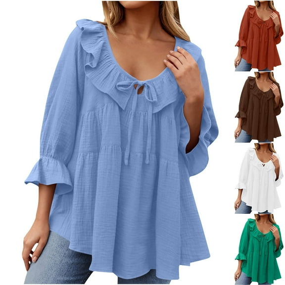 Otvok Womens Casual Shirt Short Sleeve V-Neck Ruffled Top Business Summer Work Shirt