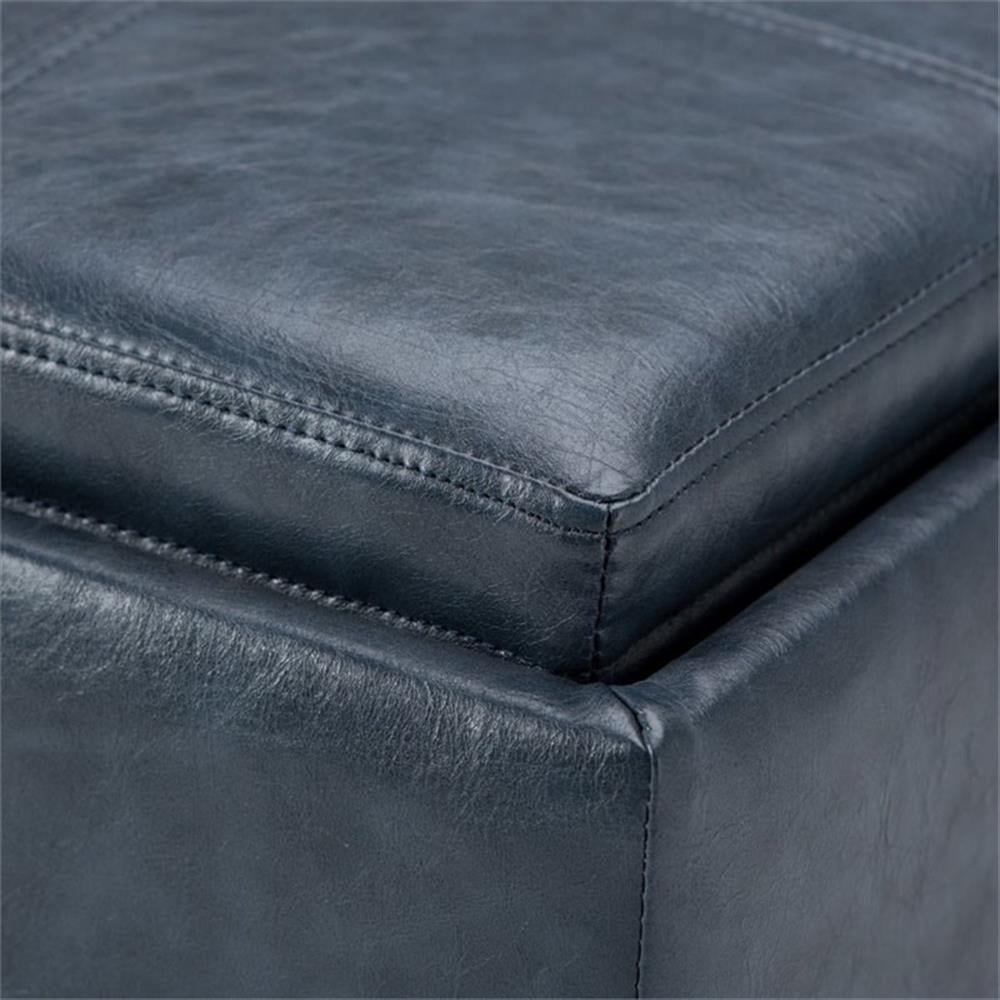 Simpli Home Rockwood 17 inch Wide Contemporary Square Cube Storage Ottoman with Tray in Denim Blue Vegan Faux Leather, Assembled