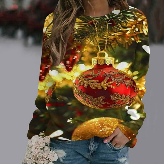 WXLWZYWL Womens Christmas Sweatshirts Cute Xmas Ugly 3D Graphic Print Sweaters Oversized Long Sleeve Round Neck Pullover Tops