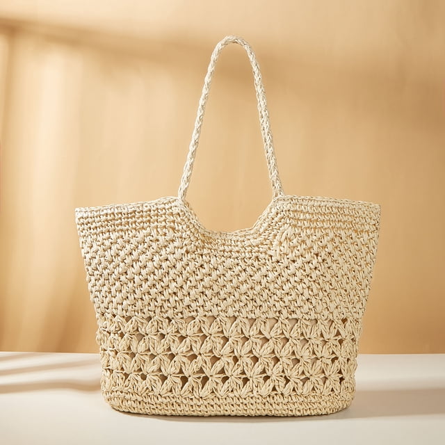 Nvzi Bolso de hombro tejido, bolso de mano tejido y bolso de cosméticos, bolso de mano tejido elegante para playa de verano, 18,11 x 1,96 x 13,77 pulgadas, blanco