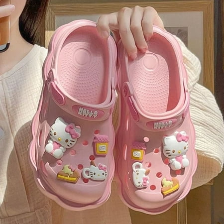 

Kawaii Sanrios Hellokittys Cave Shoes Women\‘s Summer Sandals with Thick Heels Kuromi Cinnamoroll Casual Slippers Female