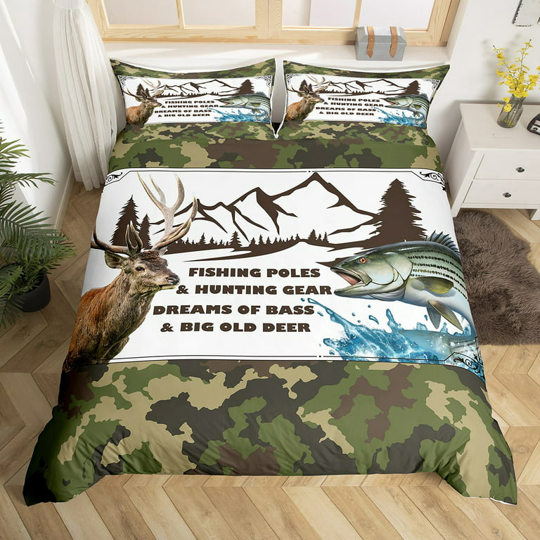 Camouflage Bedding Set Hunting Themed Elk Deer Comforter Cover for Boys  Adult,Fishing Fish Duvet Cover Mountain Woodland Twin Bed Set,Army Green  Camo Military Theme Room Decor 