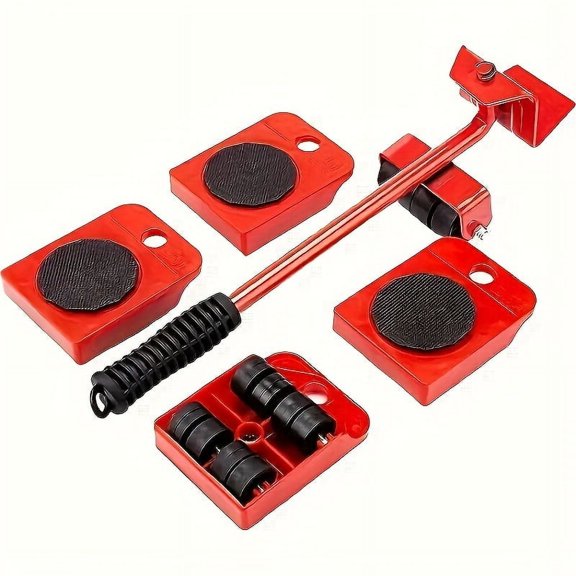 5pcs Heavy Duty Furniture Mover Sliders with Polished Metal Construction & Red Wheels - Labor-Saving Tool for Appliances, Cabinets, Appliance Relocation, Lever Mechanism Design, Durable Moving Aid