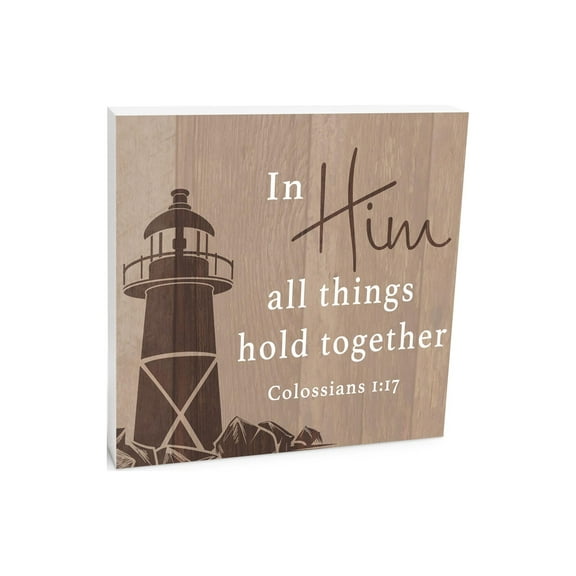 All Things Hold Together Brown Lighthouse 10 x 10 Wood Tabletop Sign Plaque