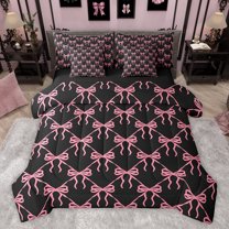 Feelyou Cartoon Bowknot Kids Bedding Comforter Set 7 Pieces, Black Pink Bow Full Bedding Set, Dreamy Princess Style Reversible Fitted Sheet Flat Sheet, Microfiber Bedroom Decor