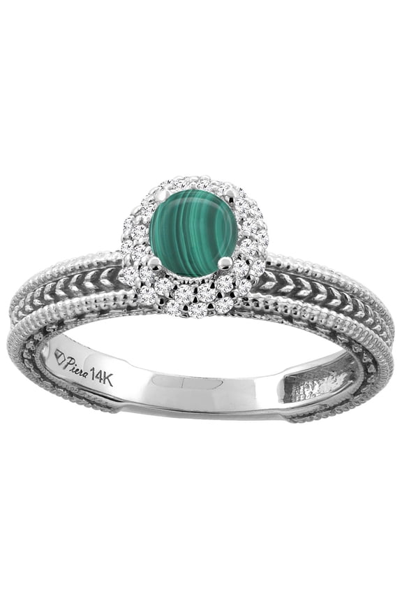 14K White Gold Natural Malachite & Diamond Engagement Ring Round 5 mm, size 5