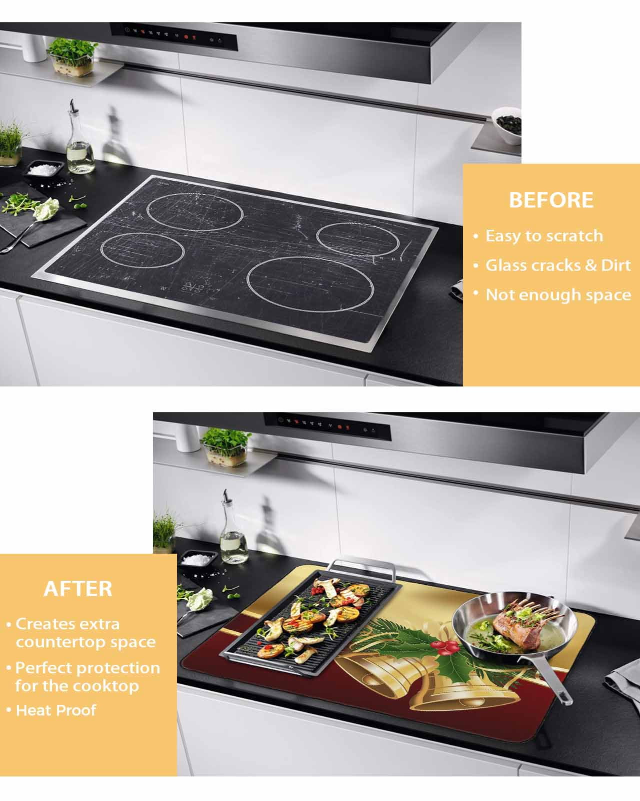 Large Induction Cooktop Protector Mat Christmas Stove Top Covers for Electric Stove, Xmas Bells Berry Botanical Golden Red Decorative Stove Burner Cover Mats, Glass Top Stove Cover