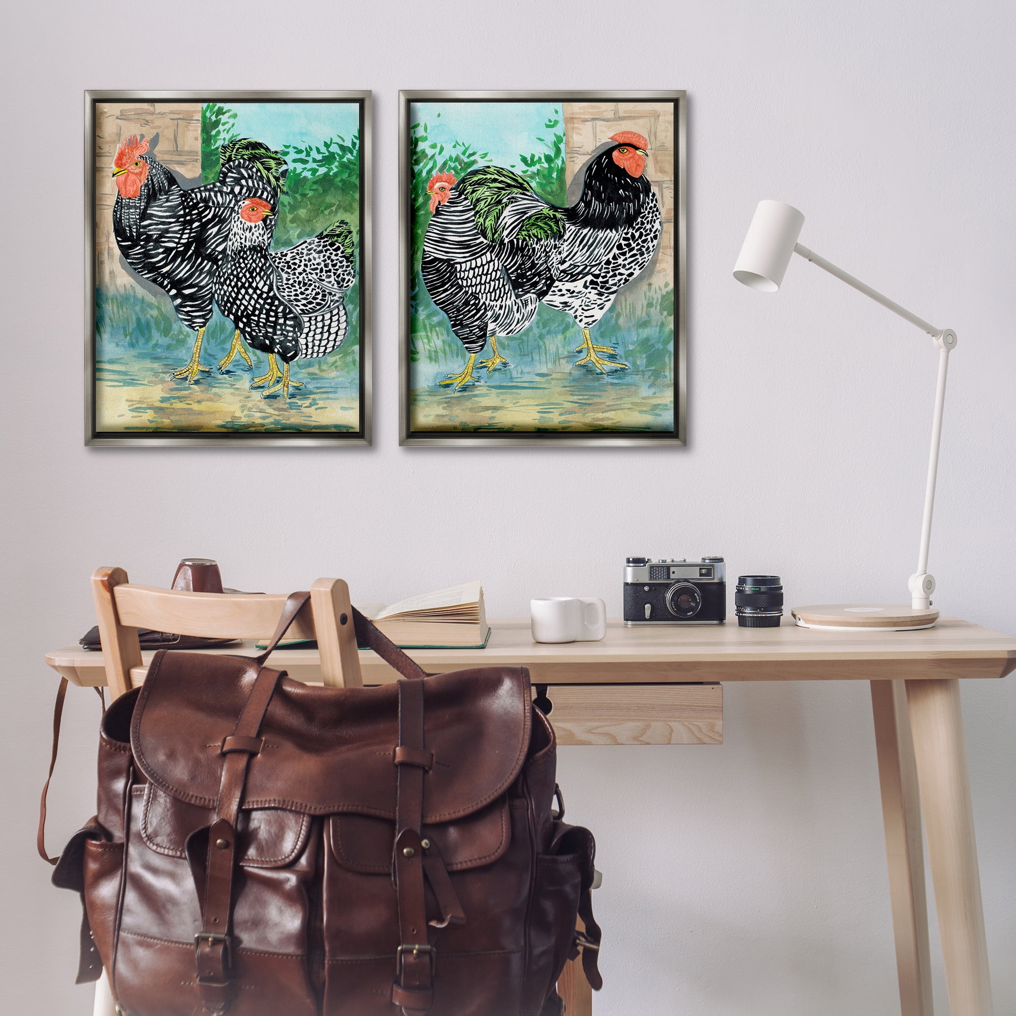 Stupell Industries Rooster and Hen Foraging Animals Painting Gray Floater Framed Canvas Art Print Wall Art, 31 x 25, Set of 2
