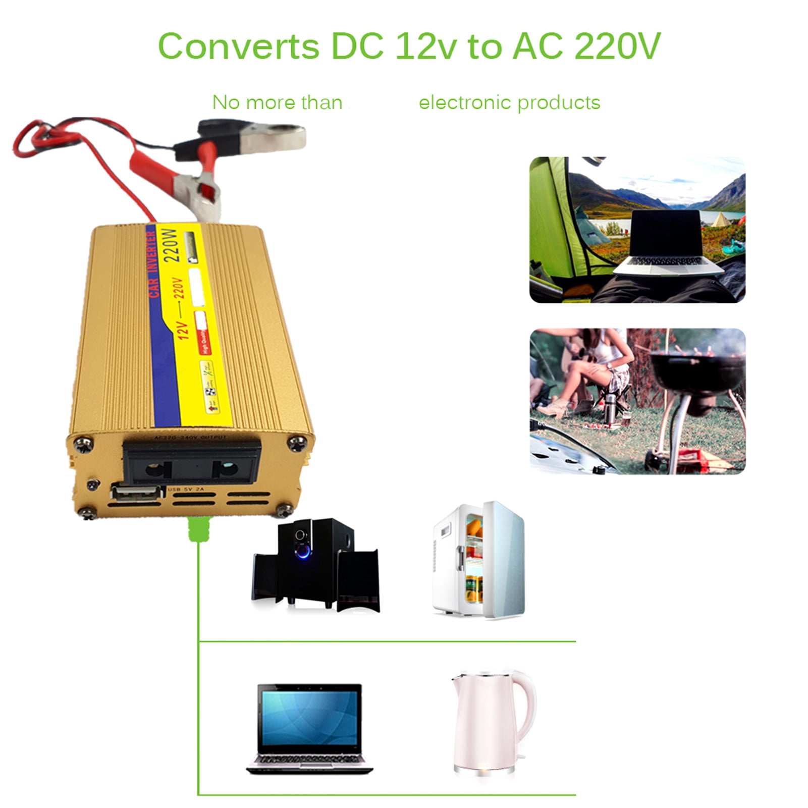 Funien Inversor de energia,DC12-AC220V 220W Inverter P-ower System con 2 Salida USB para Carga de Yates de automóviles Actividades al Aire Libre 