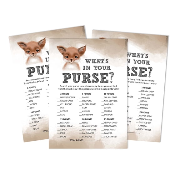 Inkdotpot 50What'sIn Your PurseBaby Shower GameCards Fox Jungle Animals Activity CardsPartyIdea Baby Shower Party Supply