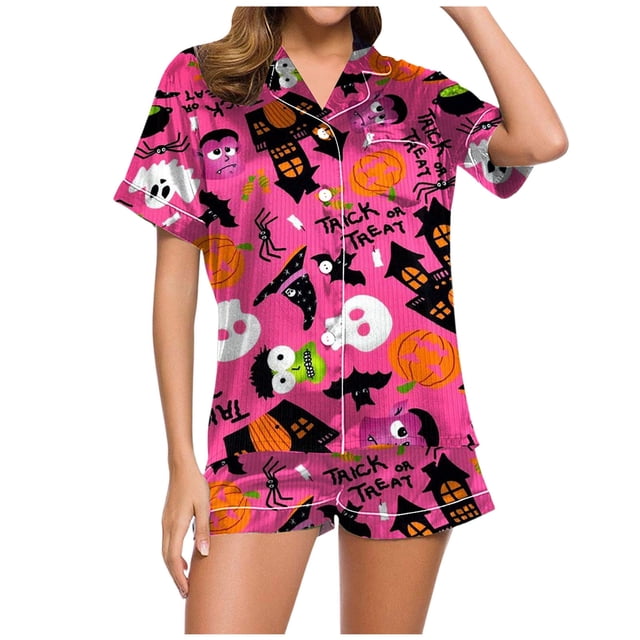 Fgnfyis Ensemble de Pyjama Décontracté Imprimé pour Femmes et Shorts Pyjama d'Halloween Femmes Rose Vif_002 TTG
